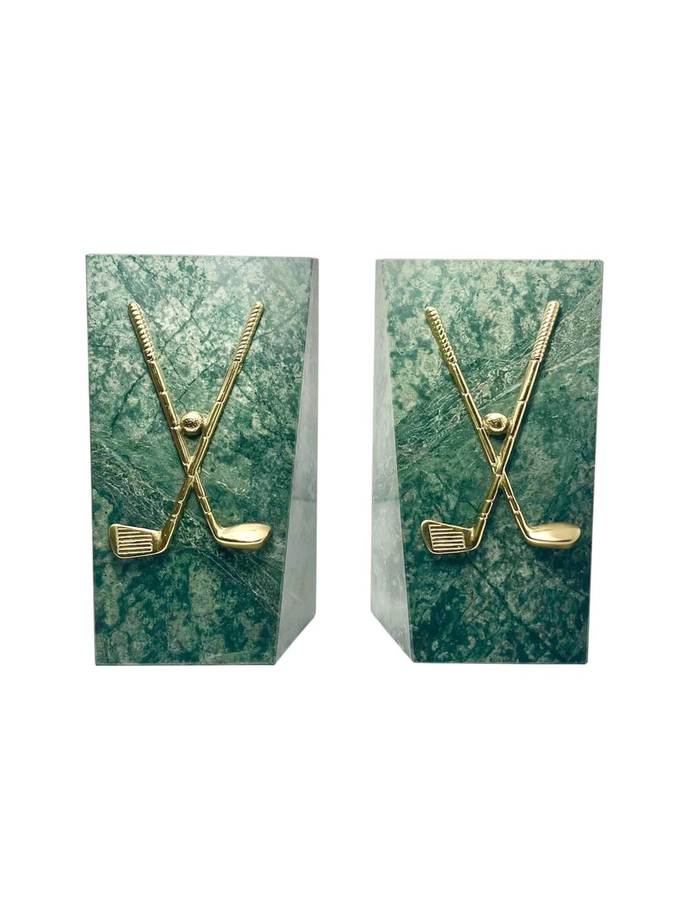 1990s Vintage Pair of Marble & Brass Golf Club Bookends 8”